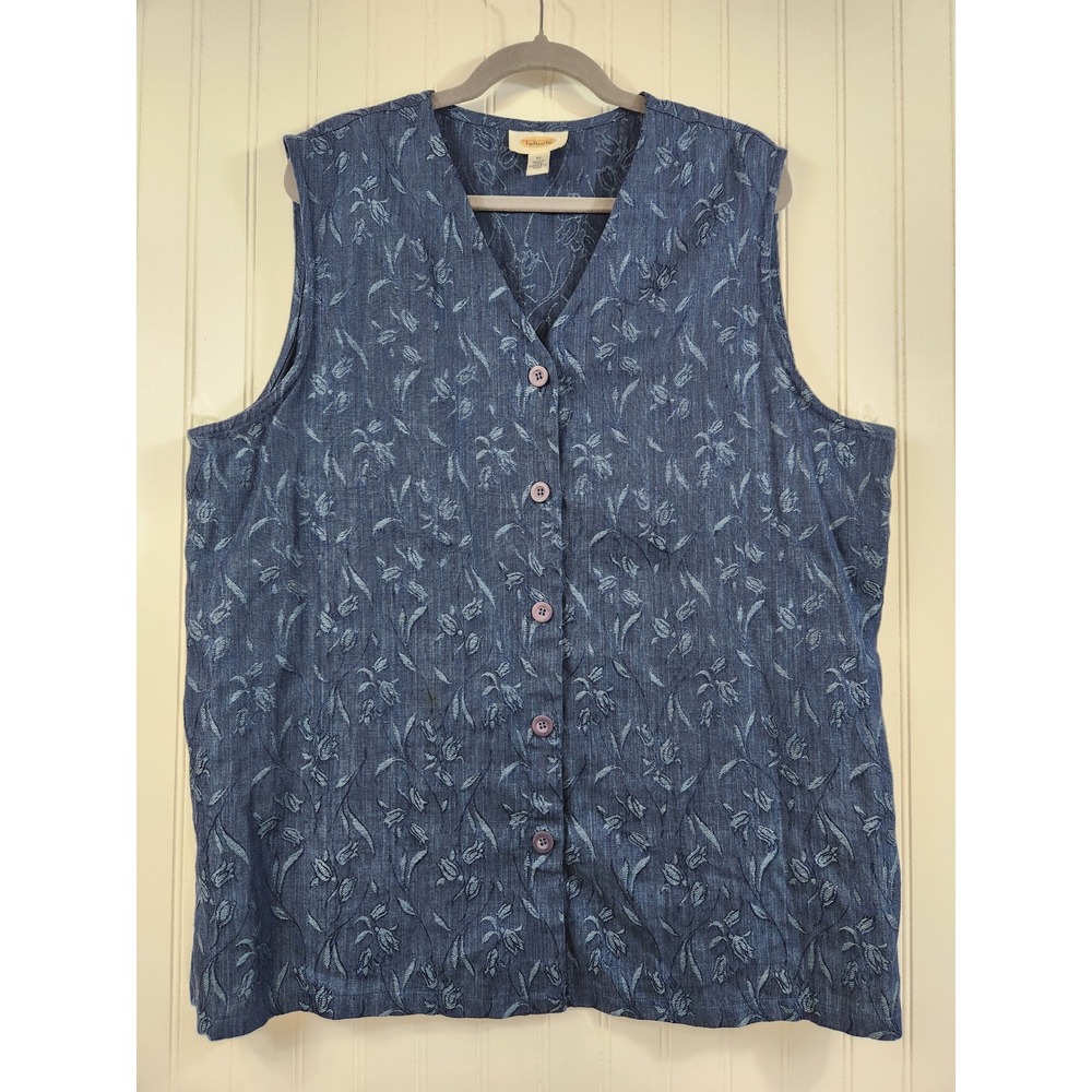 Talbots Blue 100% Linen Floral Jacquard Button Front Vest Womens XL Sleeveless